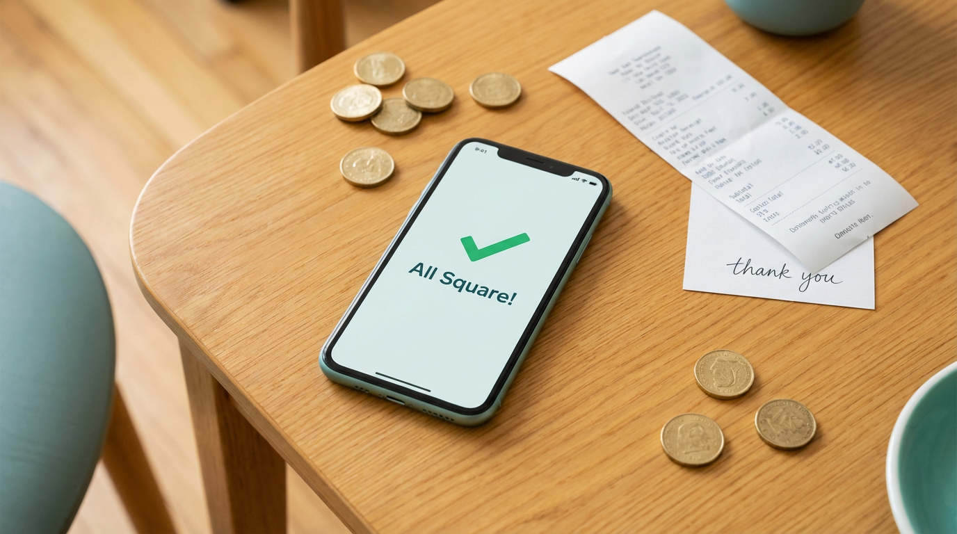 A phone showing 'All Square!' on screen, with coins and a receipt on a warm wooden table — the joyful moment when everyone's paid back